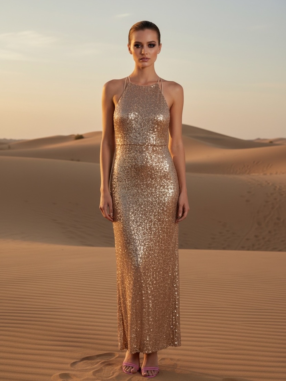 David's Bridal pink Sequin Halter Maxi Dress